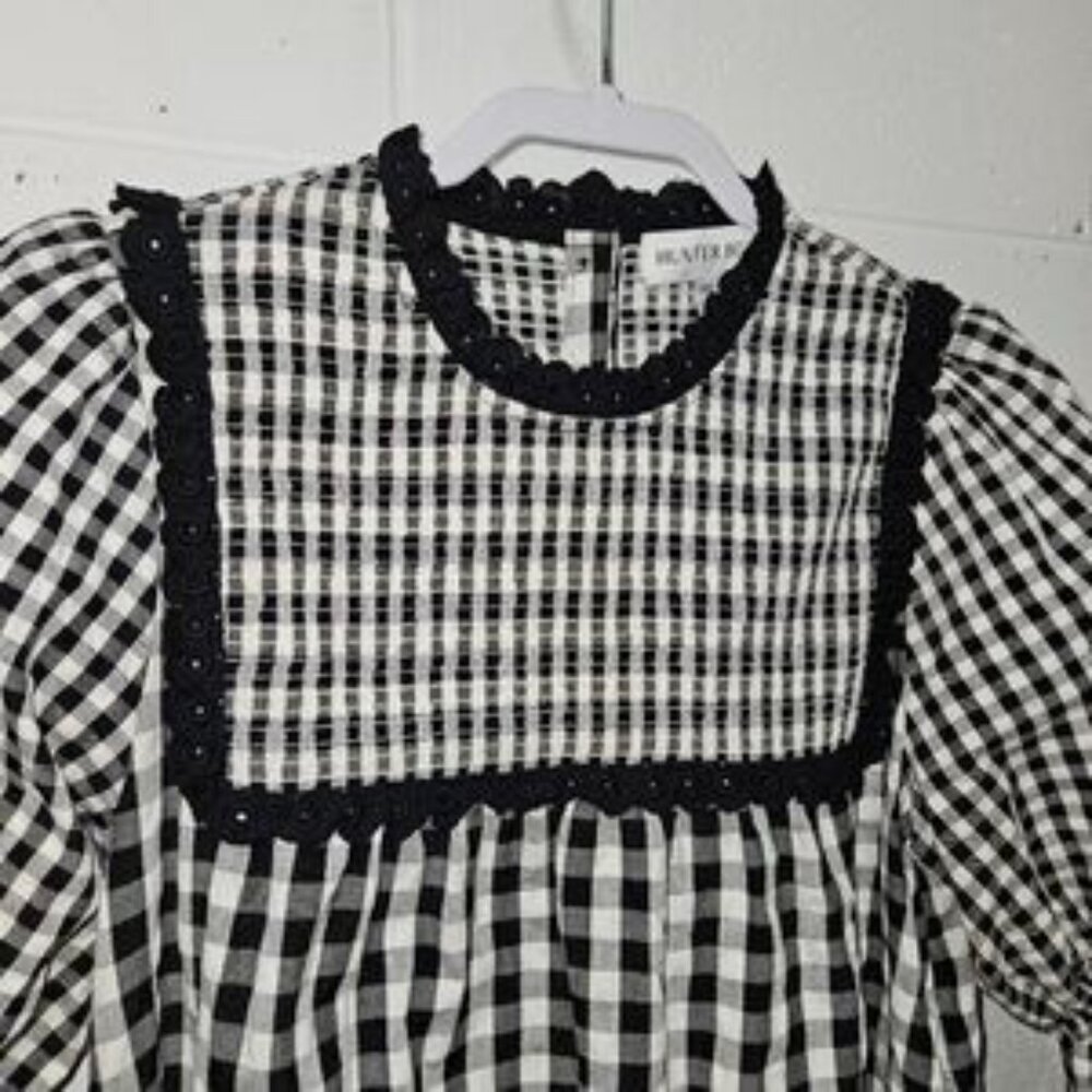 Hunter Bell Megan Gingham Smocked Puff Sleeve Checkered dress Size Xs - Picture 2 of 7